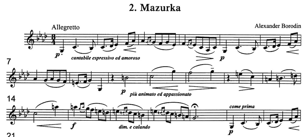 Borodin, Mazurka from Five Pieces from the Petite Suite for horn and piano, Israel Brass Woodwind Publications.